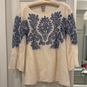 Chicos Cream and Blue Embellished Blouse